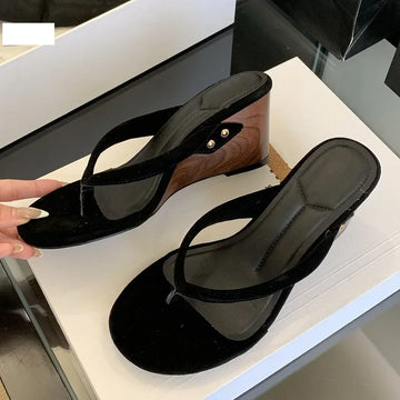 xajzpa New Fashion Shallow Round Clip Toe Wedge Woman Slippers Summer Timber High Heels Flip Flops Slide Shoes